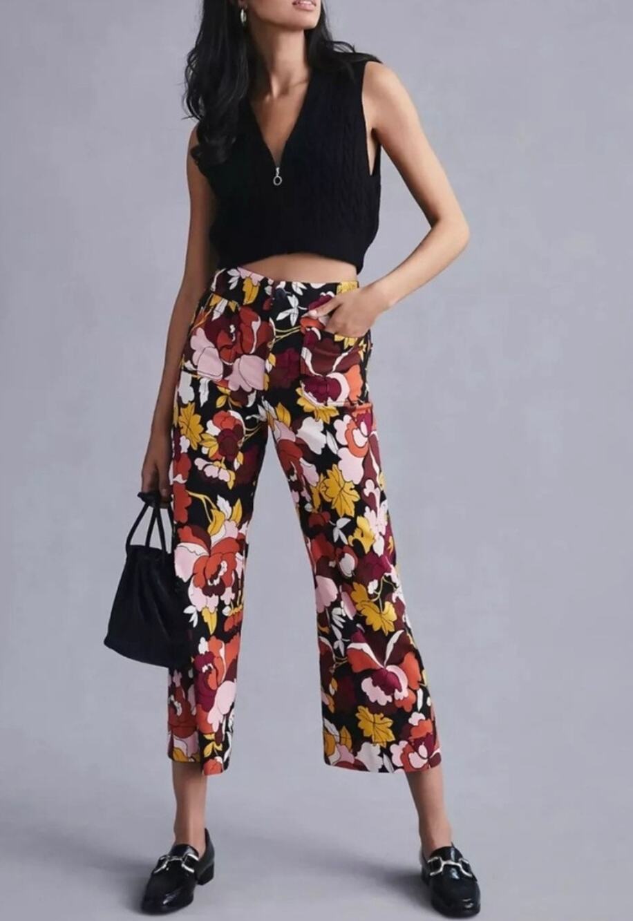 MAEVE BY ANTHROPOLOGIE Colette Cropped Wide Leg Pants Sz 27 Dark Fall Floral Mod